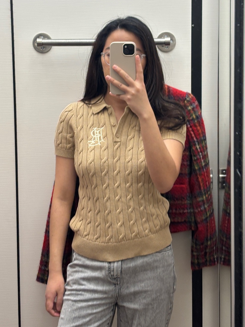 Ralph Lauren Short-Sleeve Cable Knit Polo Sweater in Tan